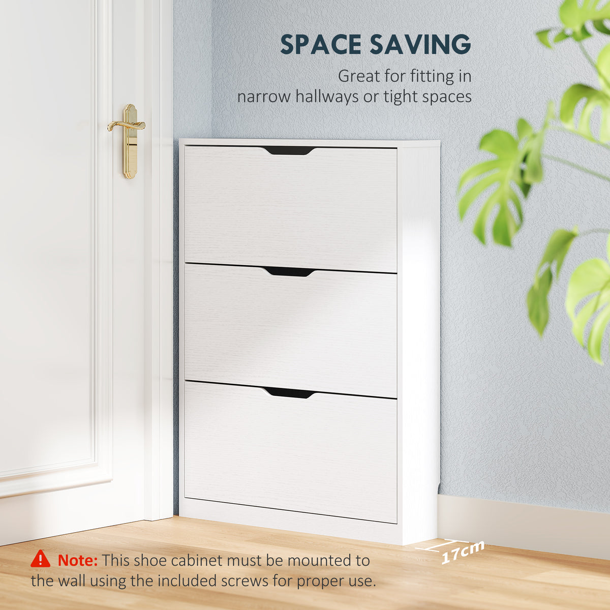 Narrow Shoe Storage Cabinet, Shoe Cabinet with 3 Flip Drawers, 31.5" W x 6.7" D x 42.5" H, White