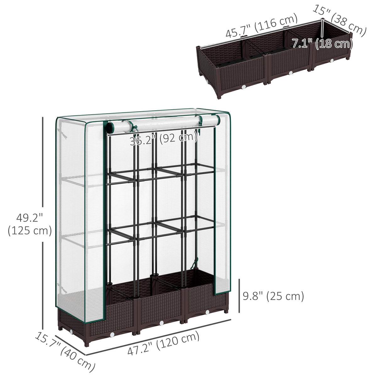 Raised Garden Bed Kit with Trellis, Plastic Raised Flower Bed with PE Cover and Zipper Door, 47 x 16 x 50 inch