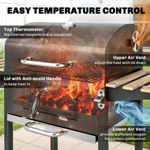 20" Charcoal BBQ Grill Barbecue on Wheels with Adjustable Charcoal Pan, Spacious Cooking Area, 3 Shelves, Thermometer