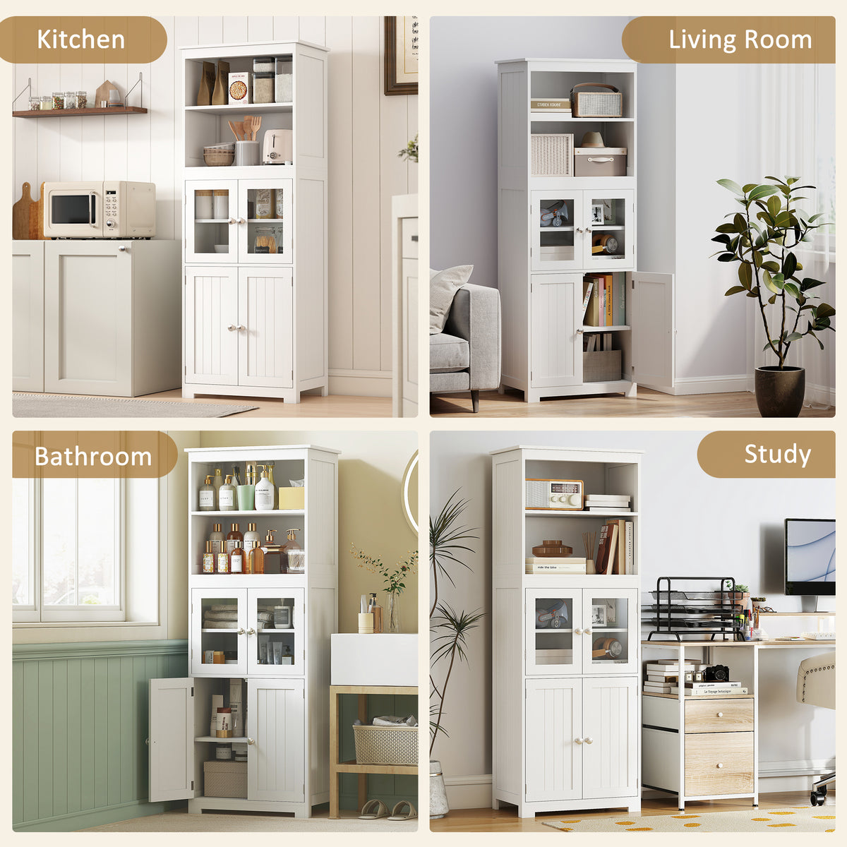 63" Small Buffet with Hutch, 4-Door Kitchen Pantry, Freestanding Storage Cabinet with Adjustable Shelf for – view 7