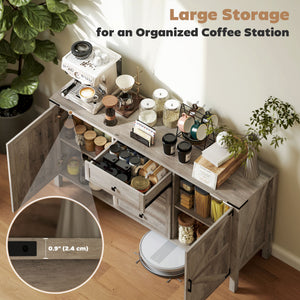 59" Buffet Cabinet, Farmhouse Sideboard with Thick Top, 2 Barn Doors, 4 Drawers and 2 Adjustable Shelves, Grey