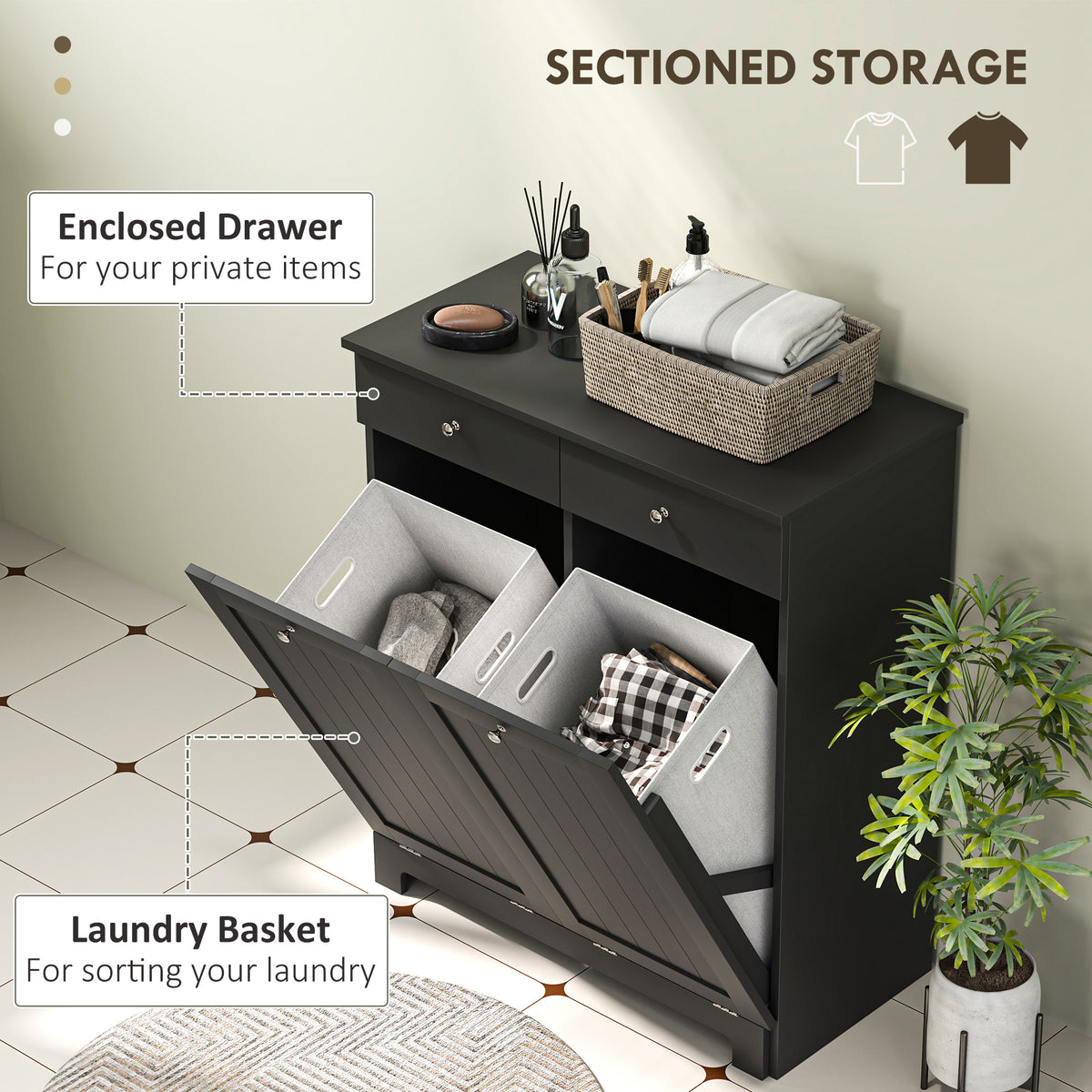 Laundry Cabinet, Tilt Out Laundry Hamper Cabinet with 2 Baskets, Bathroom Hamper Cabinet with 2 Drawers – view 3