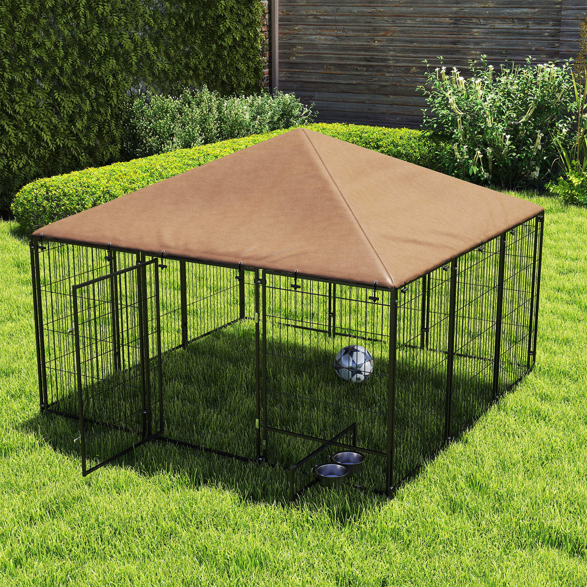 4.6' x 4.6' x 5' Outdoor Dog Kennel with Canopy, Rotating Bowls, Coffee – view 21