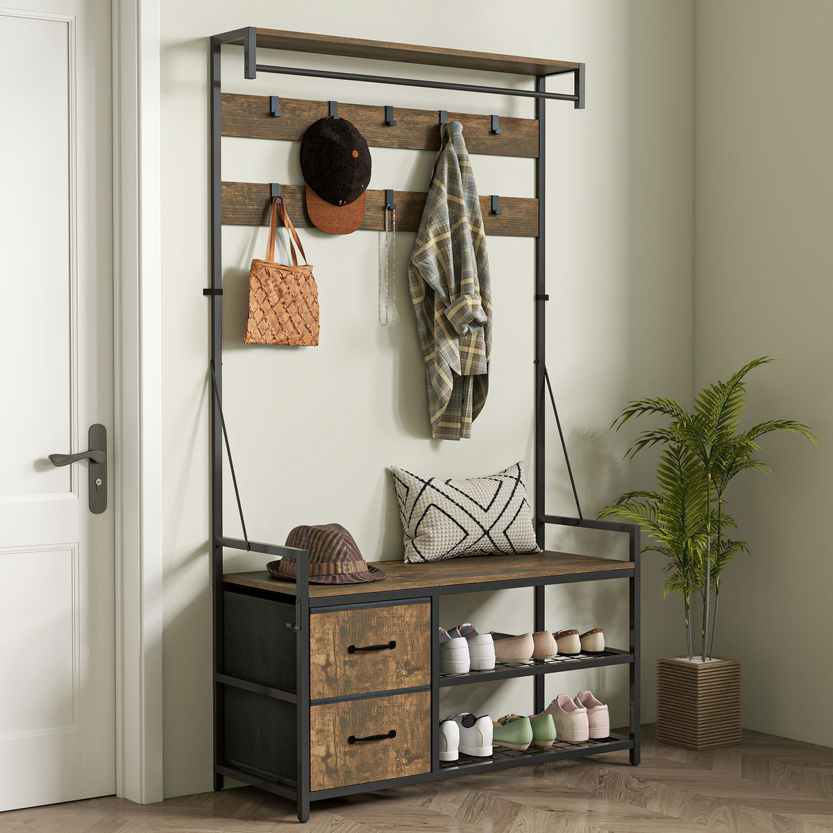 6-In-1 Hall Tree with Shoe Storage, Coat Rack Shoe Storage with 10 Hooks, 2 Fabric Drawers, Rustic Brown