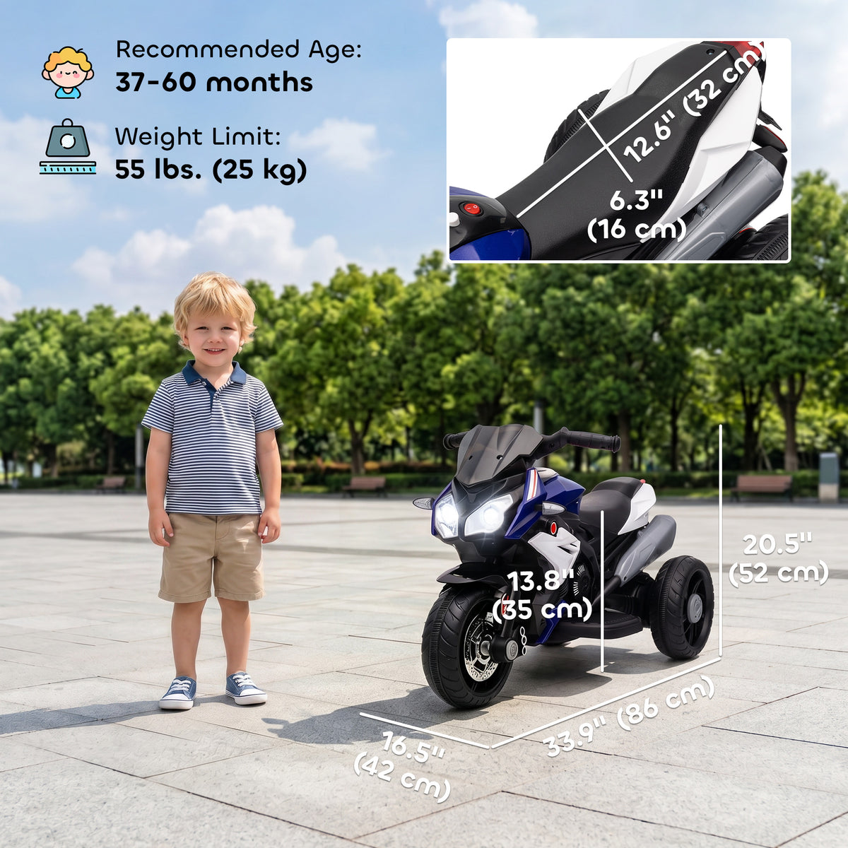 Qaba Kids Electric Motorcycle Ride-On Toy with 3 Wheels, Music, Horn, Lights