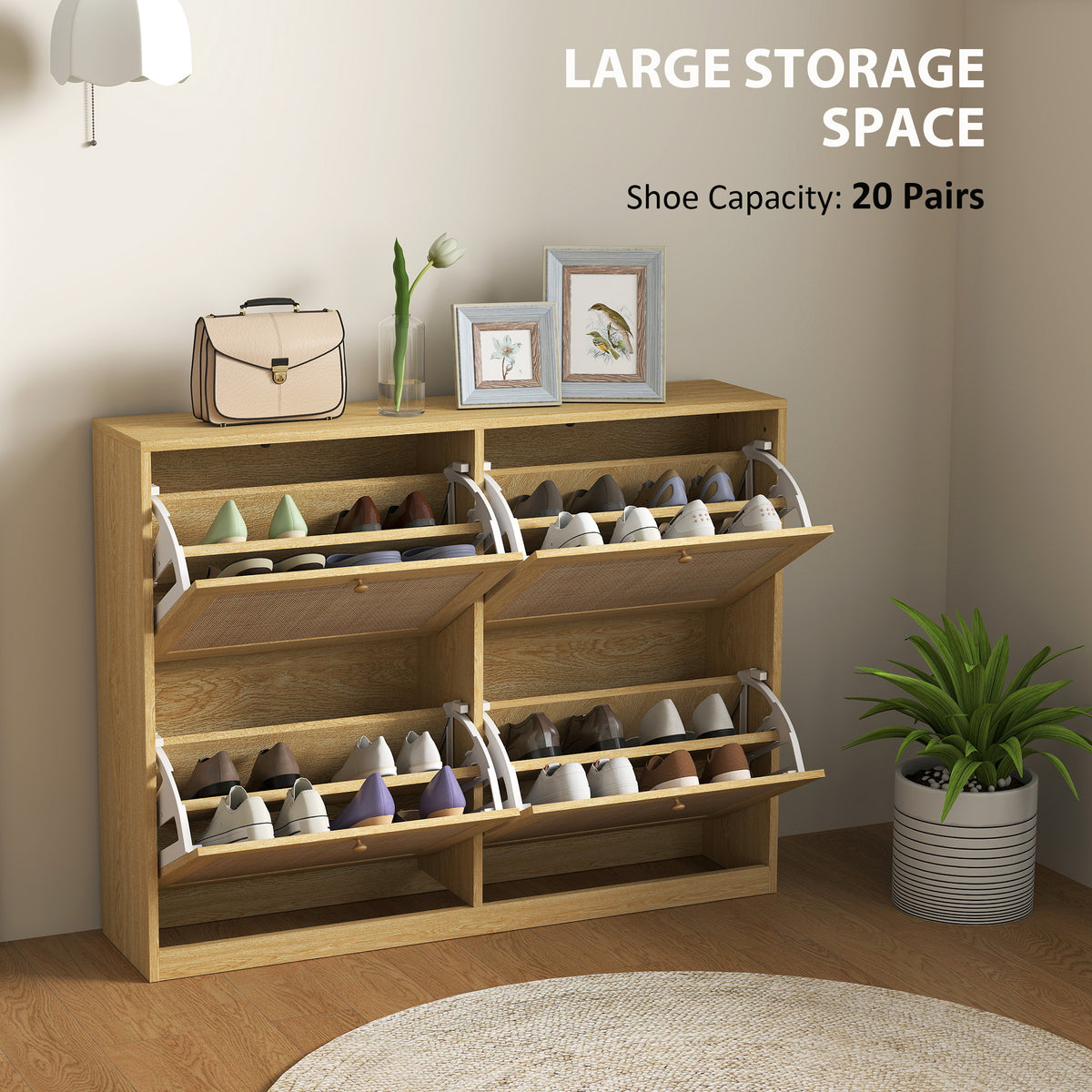 Narrow Shoe Storage Cabinet, Rattan Shoe Cabinet with 4 Flip Drawers and Adjustable Shelves for 20 Pairs – view 3