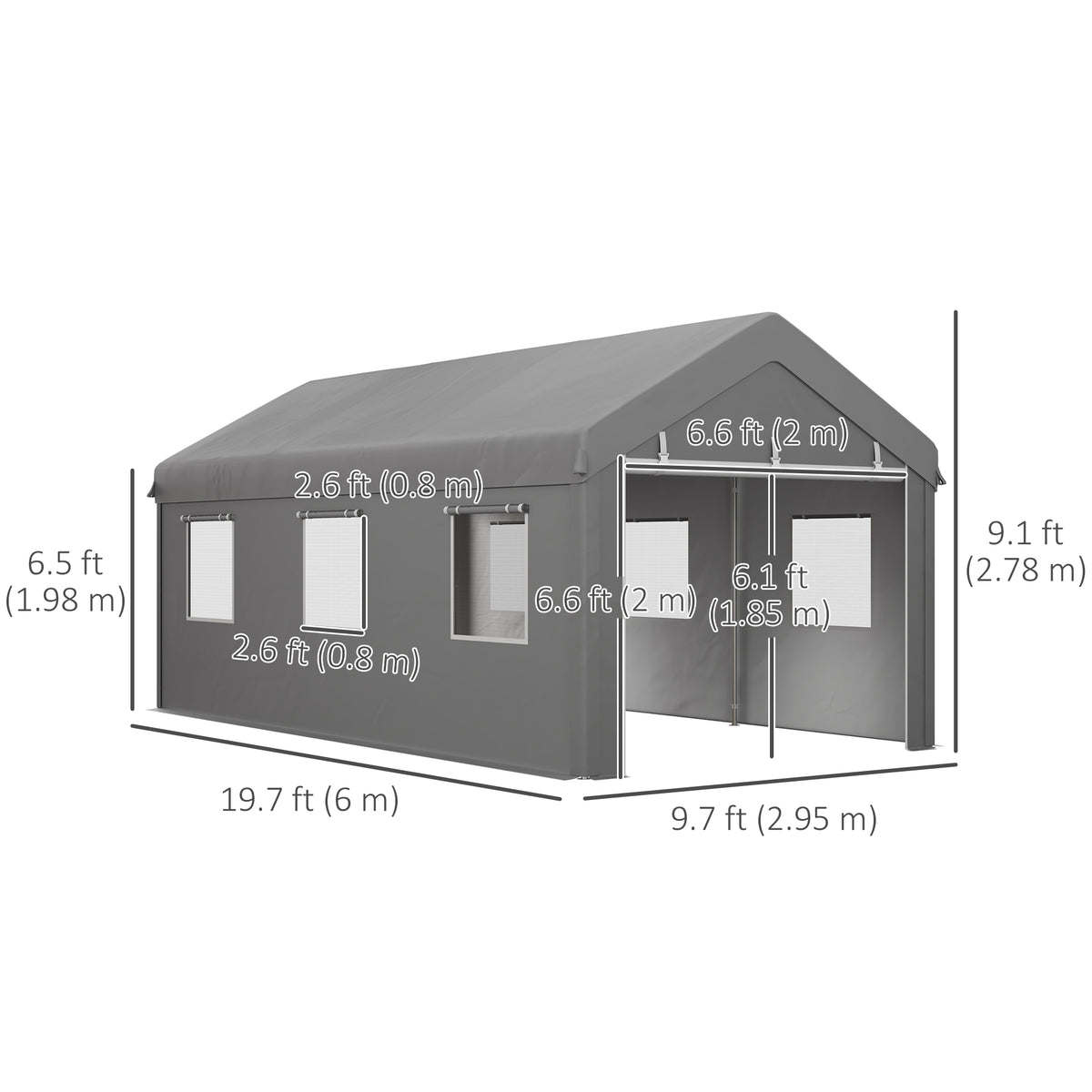 10' x 20' Carport, Heavy Duty Portable Garage with 6 Mesh Windows and 2 Doors, Dark Grey – view 9