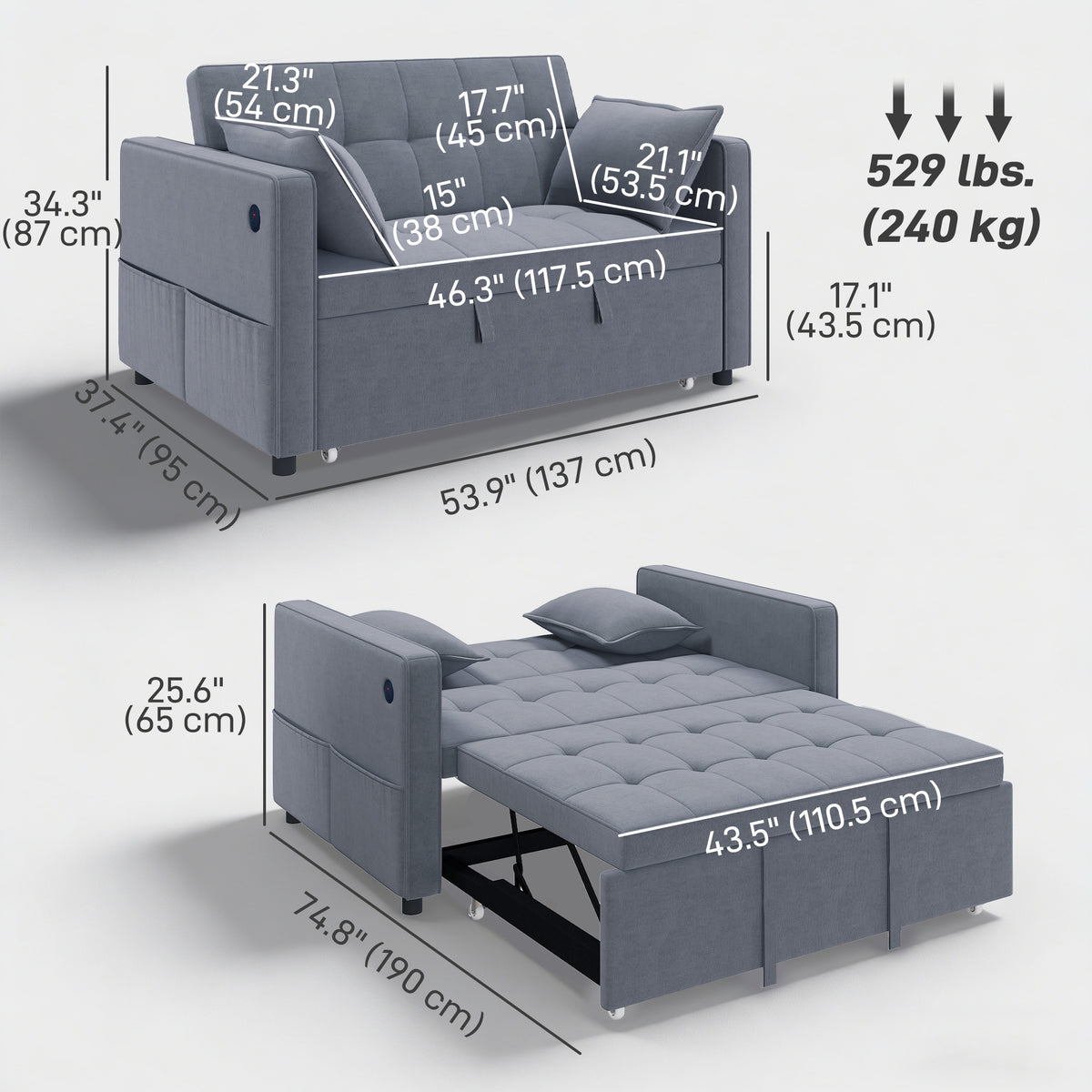 3‑in‑1 Convertible Sofa Bed, Pull Out Sleeper Sofa with USB Charging, Adjustable Backrest, Side Pockets – view 9