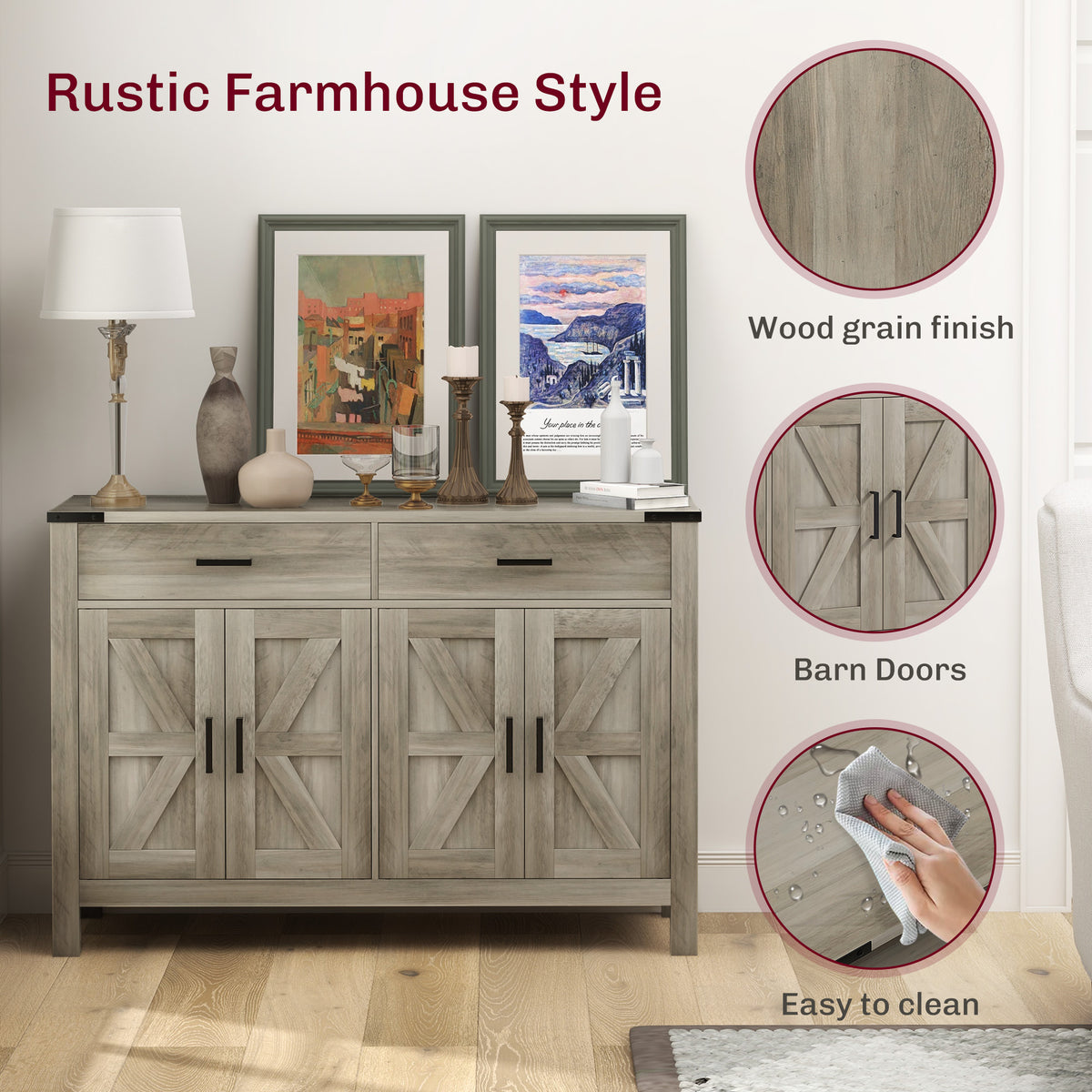 Side Cabinet, Farmhouse Kitchen Storage Cabinet w/ 2 Drawers and Shelves for Living Room, Entryway, Grey – view 11