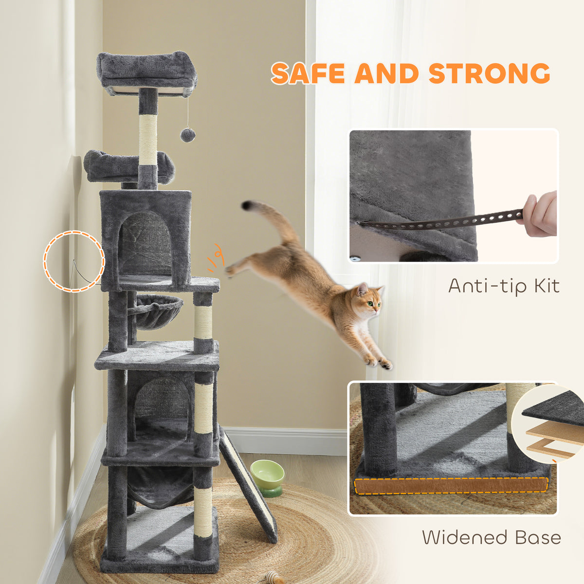 Cat Tree, 70" Multi-Level Cat Tower with 2 Condos, 2 Perches, Hammock, Toy Balls – view 5