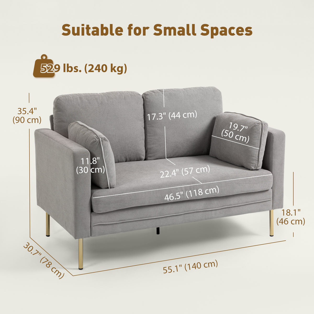 Loveseat Sofa, 55" Small Sofa Couch with 2 Pillows, Metal Legs for Living Room, Bedroom, Apartment – view 9