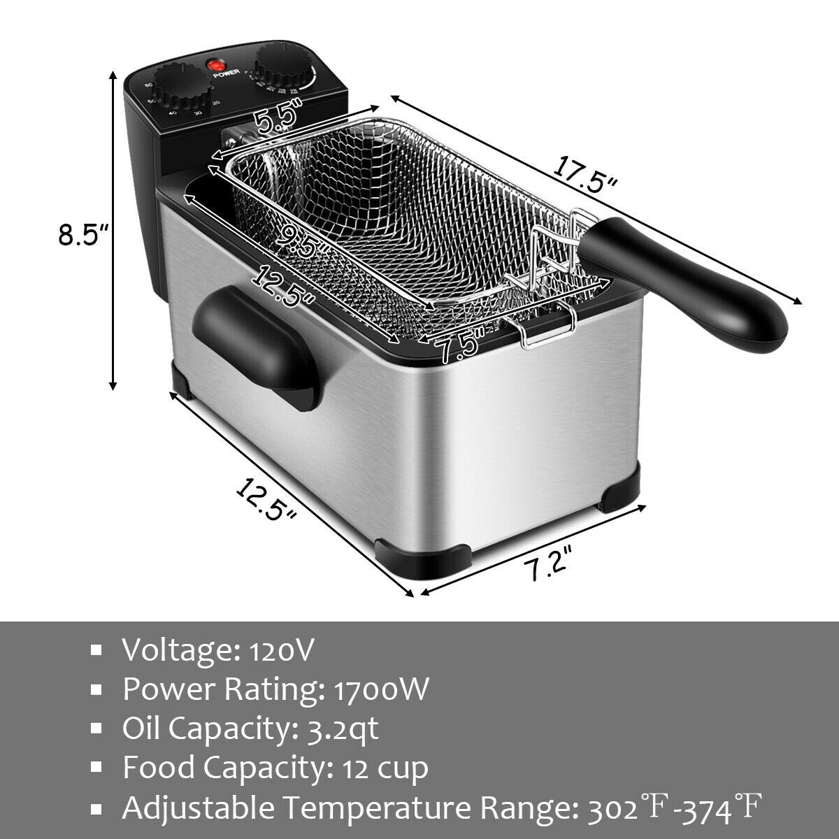 3.2 Quart Electric Stainless Steel Deep Fryer with Timer-Silver view 4