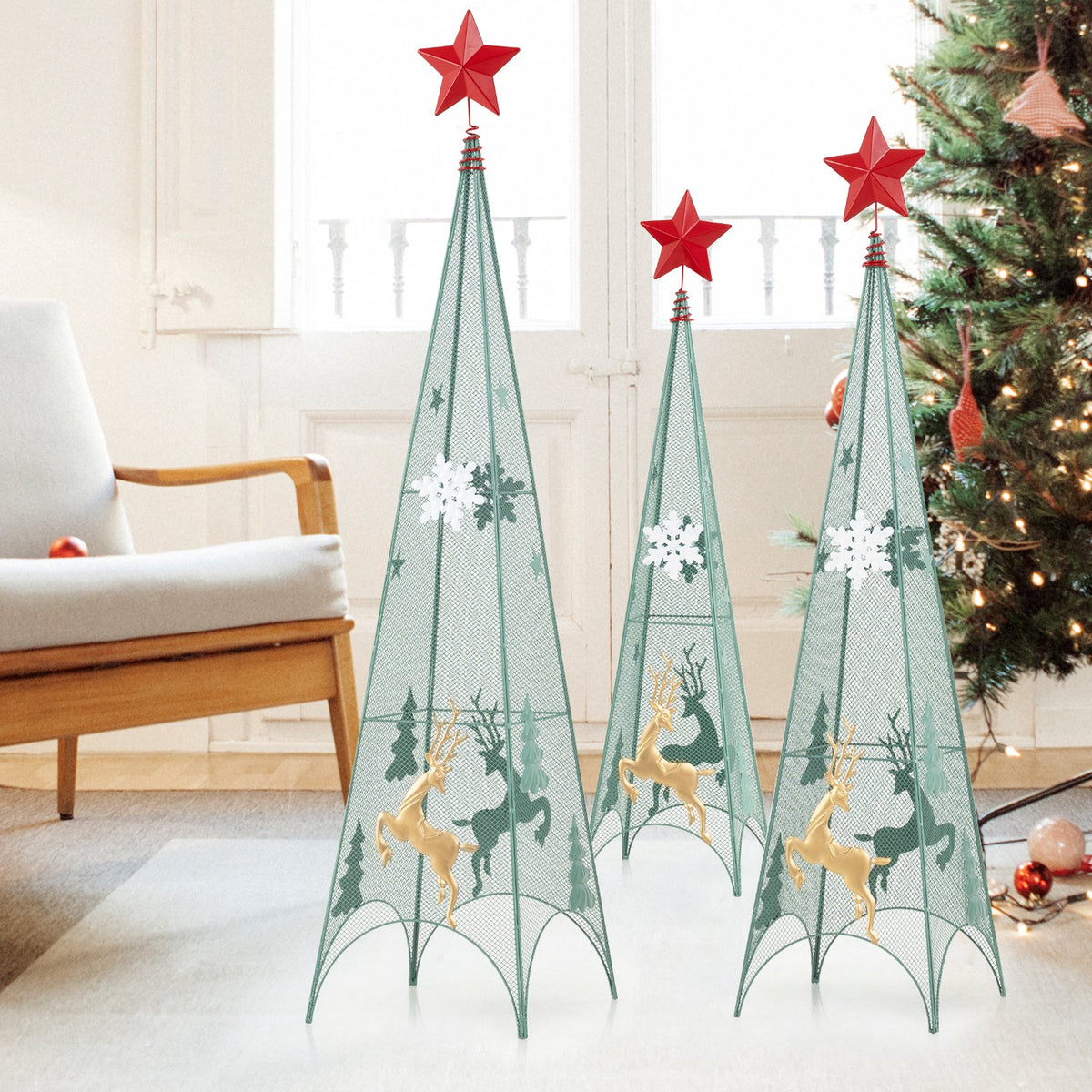 3/3.5/4 Feet Set of 3 Tower Shaped Christmas Trees with Removable Star Toppers view 3