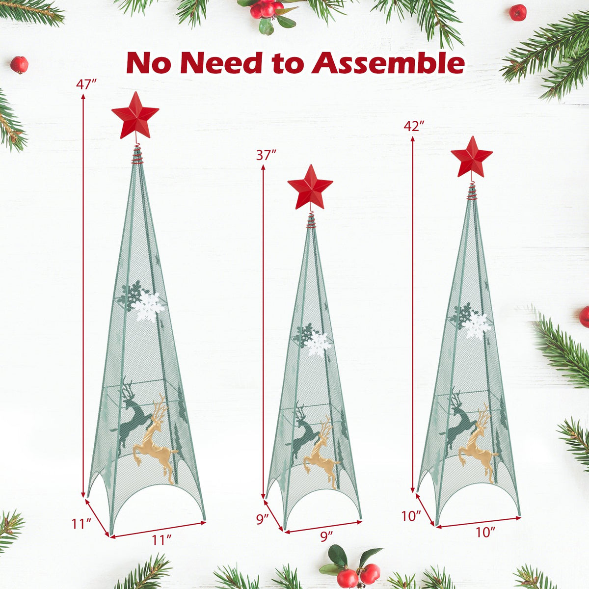 3/3.5/4 Feet Set of 3 Tower Shaped Christmas Trees with Removable Star Toppers view 4