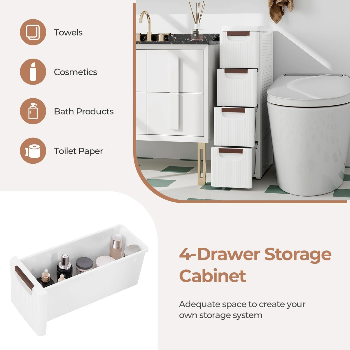 3/4/5/6-Drawer Rolling Organizer Unit Narrow Storage Cabinet with Built-In Wheels for Small Space-4-Drawer view 6