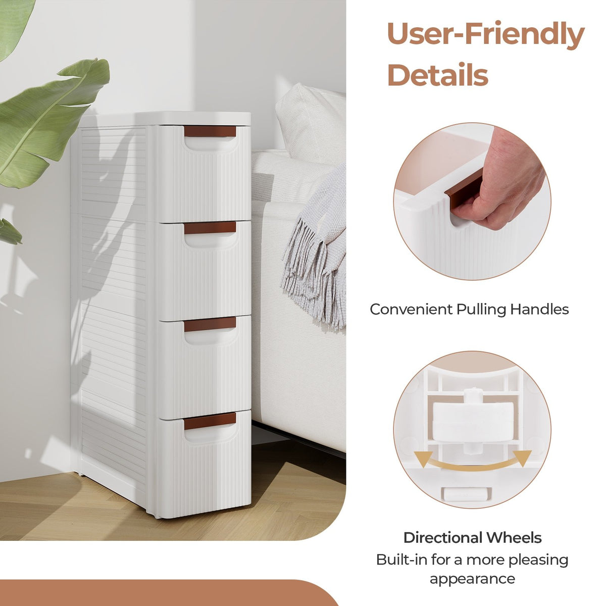 3/4/5/6-Drawer Rolling Organizer Unit Narrow Storage Cabinet with Built-In Wheels for Small Space-4-Drawer view 8