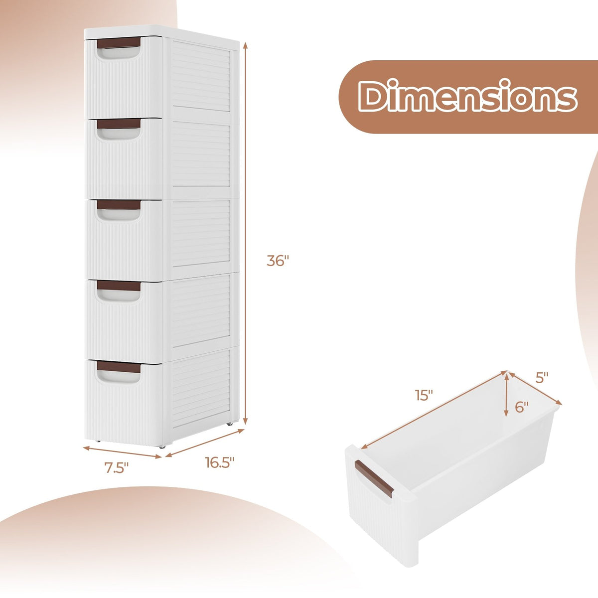 3/4/5/6-Drawer Rolling Organizer Unit Narrow Storage Cabinet with Built-In Wheels for Small Space-5-Drawer view 4