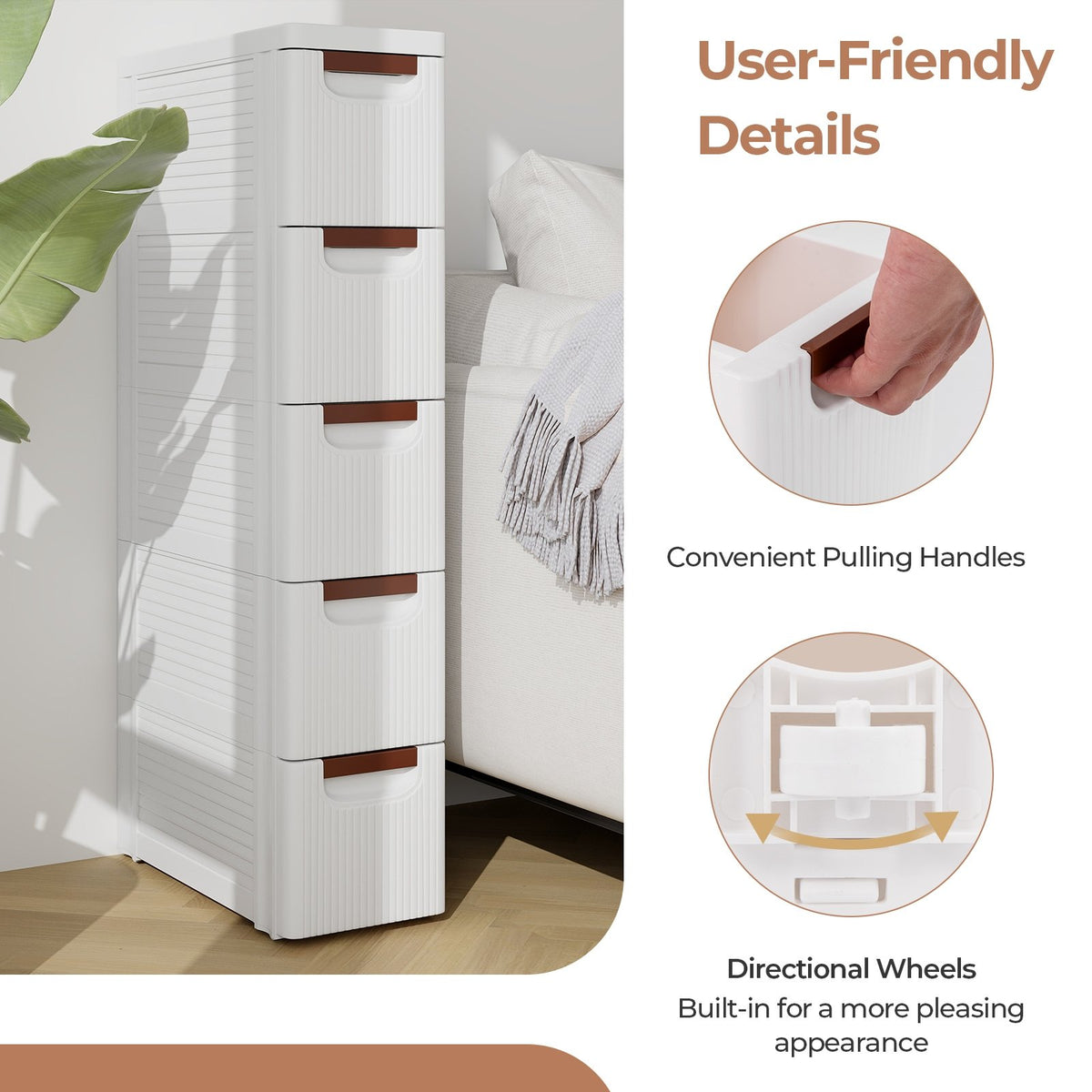 3/4/5/6-Drawer Rolling Organizer Unit Narrow Storage Cabinet with Built-In Wheels for Small Space-5-Drawer view 8