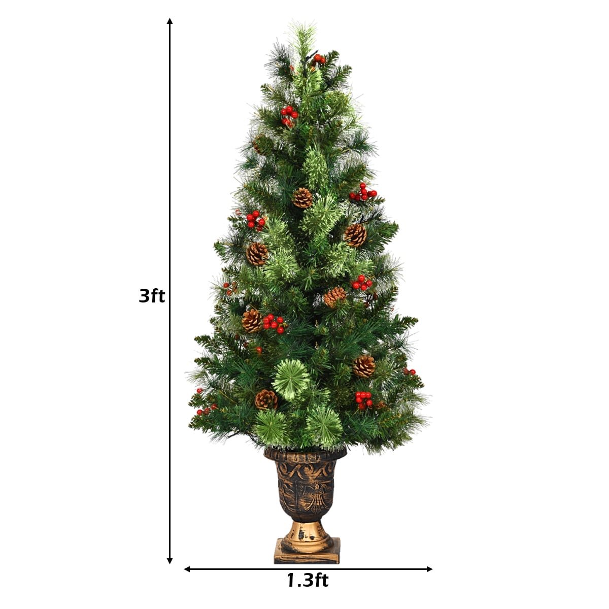 3'/4'/5' LED Christmas Entrance Tree w/ Red Berries Pine Cones-3' view 5