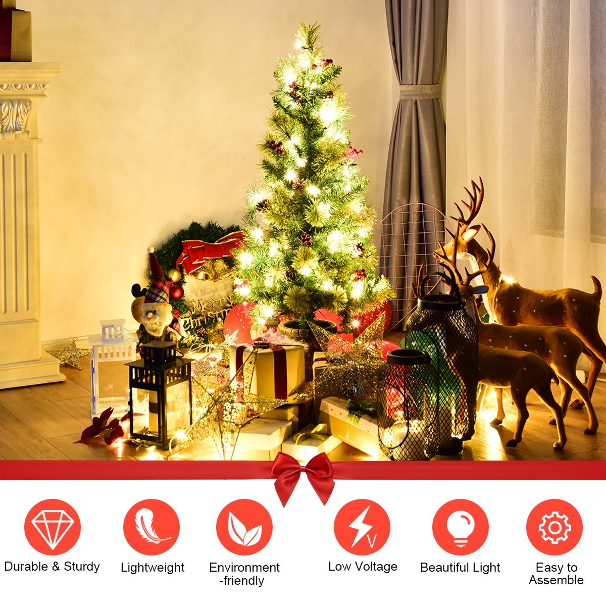 3'/4'/5' LED Christmas Entrance Tree w/ Red Berries Pine Cones-3' view 6