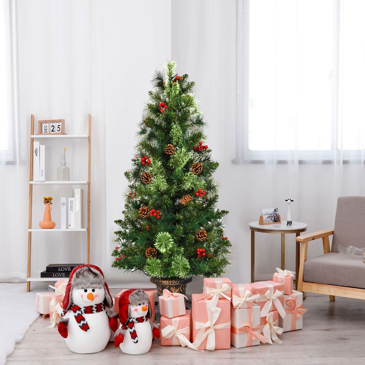 3'/4'/5' LED Christmas Entrance Tree w/ Red Berries Pine Cones-3' view 9