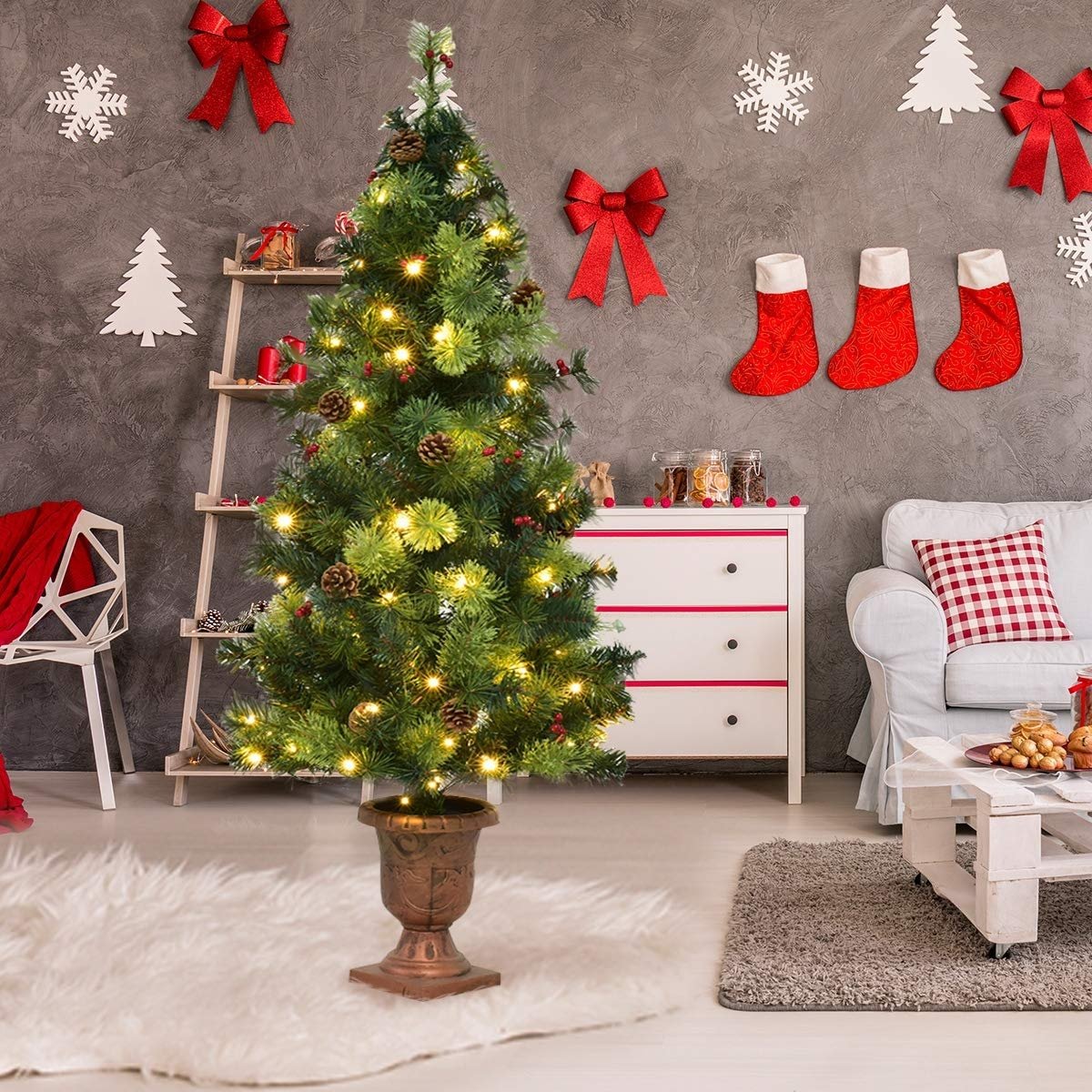 3'/4'/5' LED Christmas Entrance Tree w/ Red Berries Pine Cones-4' view 3