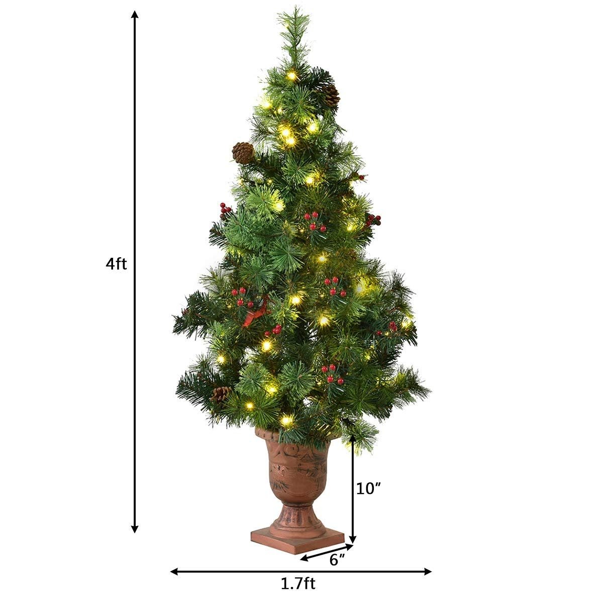 3'/4'/5' LED Christmas Entrance Tree w/ Red Berries Pine Cones-4' view 5