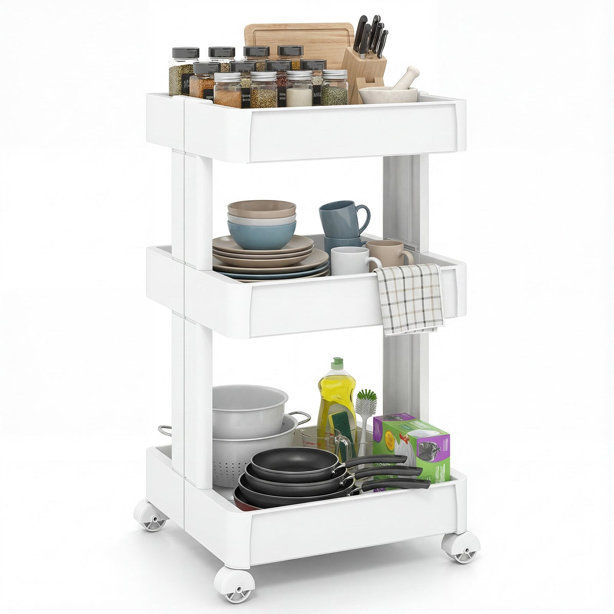 3/4-Tier Rolling Utility Cart with Detachable Trays and Smooth Wheels-3-Tier view 4