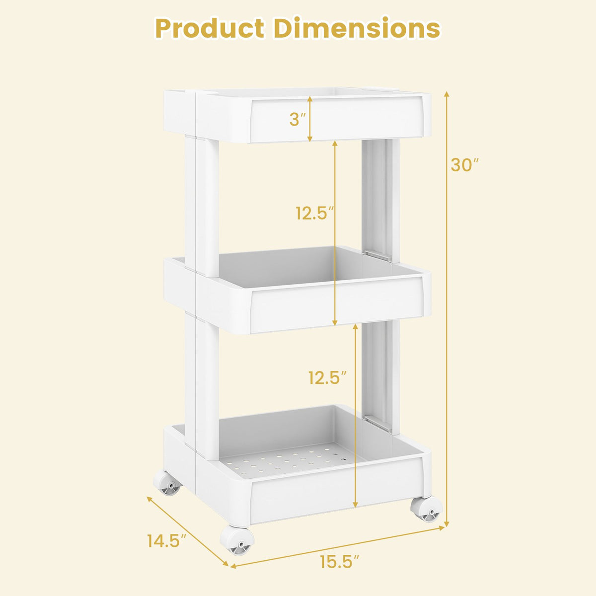 3/4-Tier Rolling Utility Cart with Detachable Trays and Smooth Wheels-3-Tier view 5