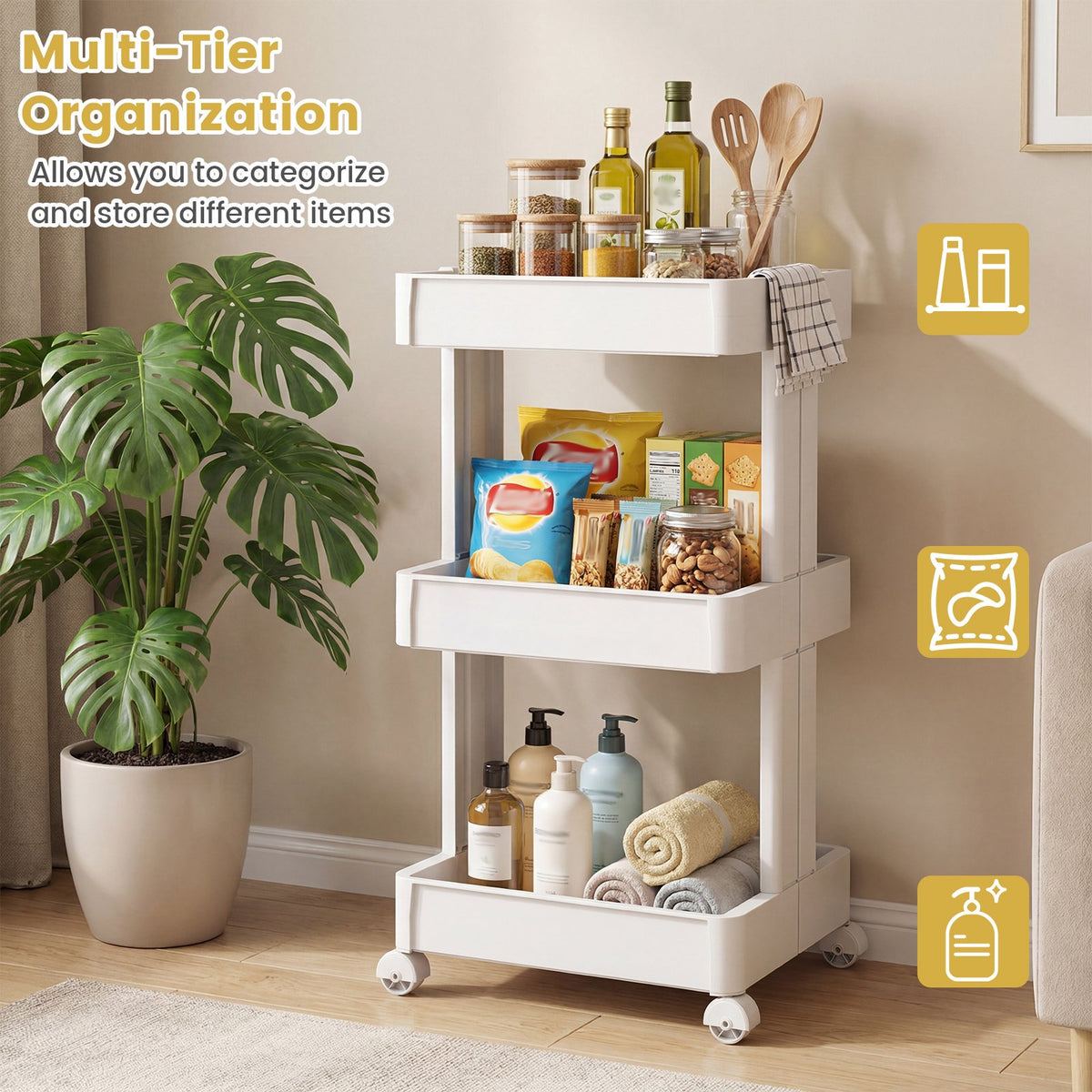 3/4-Tier Rolling Utility Cart with Detachable Trays and Smooth Wheels-3-Tier view 6
