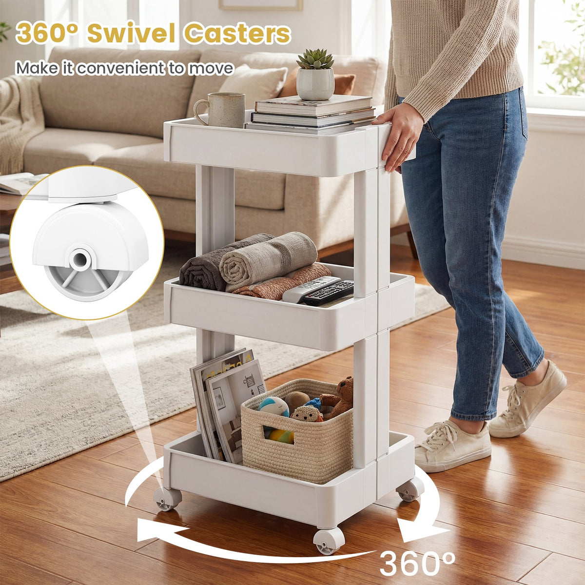 3/4-Tier Rolling Utility Cart with Detachable Trays and Smooth Wheels-3-Tier view 9