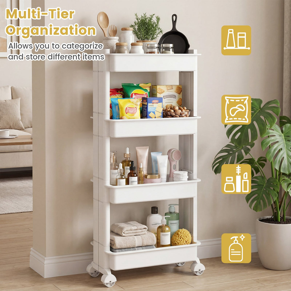 3/4-Tier Rolling Utility Cart with Detachable Trays and Smooth Wheels-4-Tier view 2