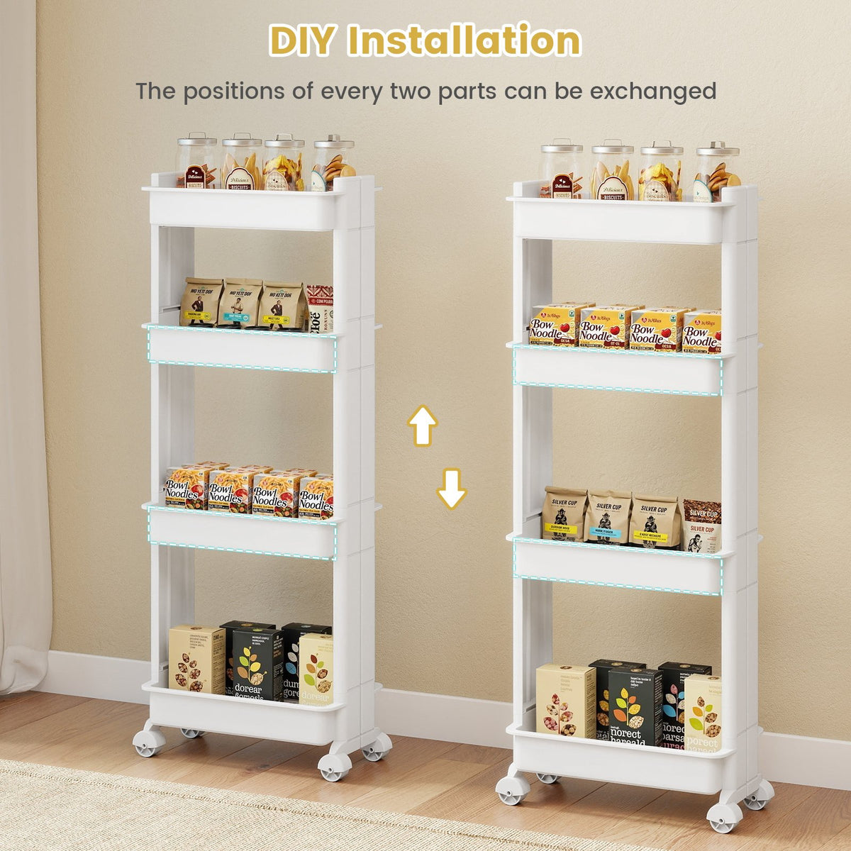 3/4-Tier Rolling Utility Cart with Detachable Trays and Smooth Wheels-4-Tier view 3