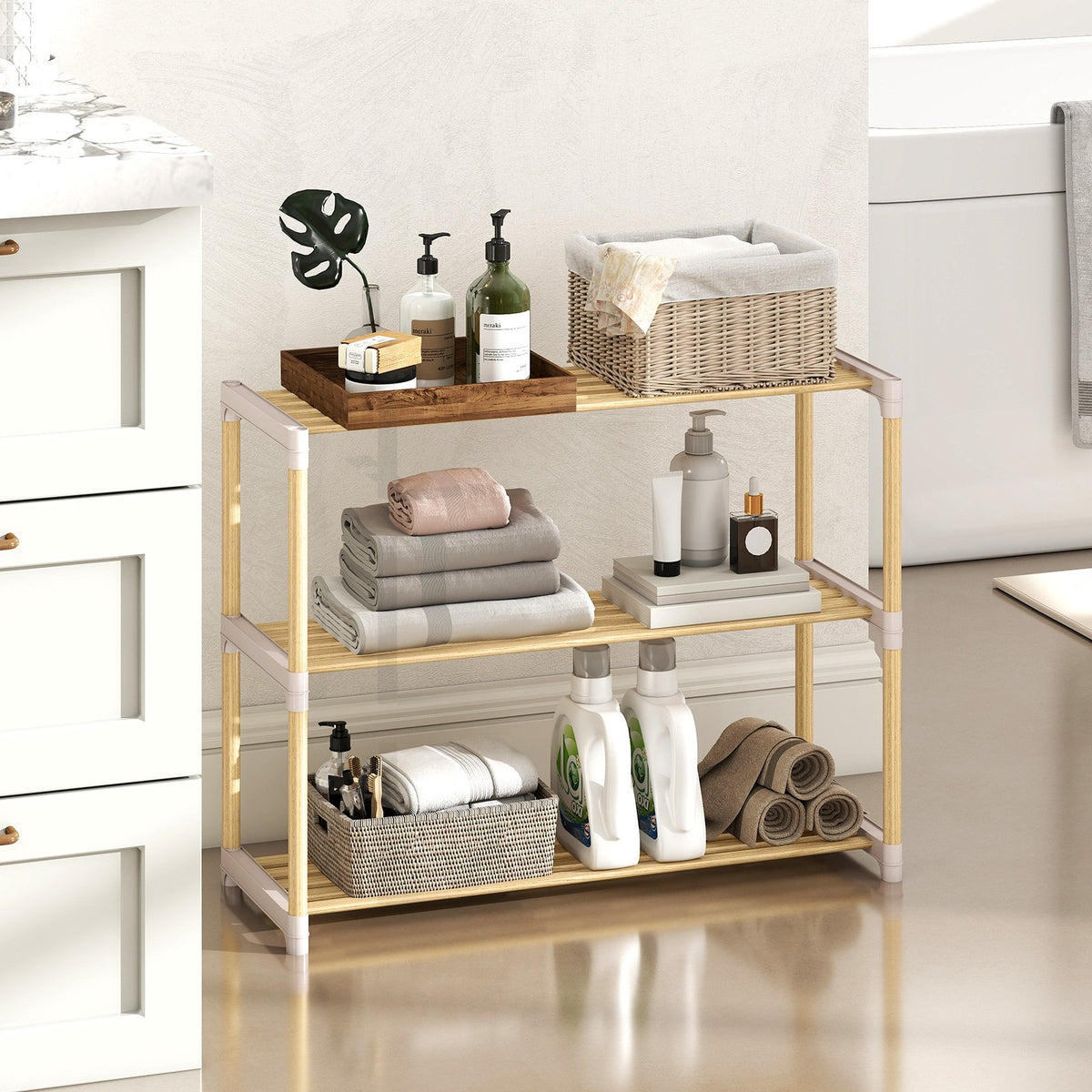3/4-Tier Solid Wood Shoe Rack with Slatted Open Shelves-3-Tier view 2