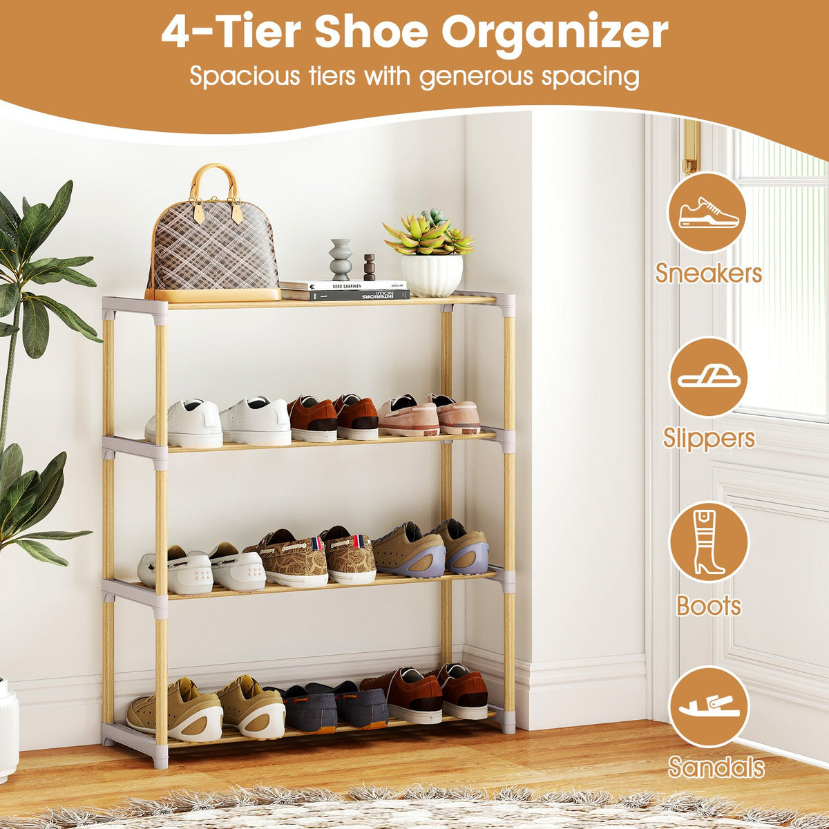 3/4-Tier Solid Wood Shoe Rack with Slatted Open Shelves-4-Tier view 8