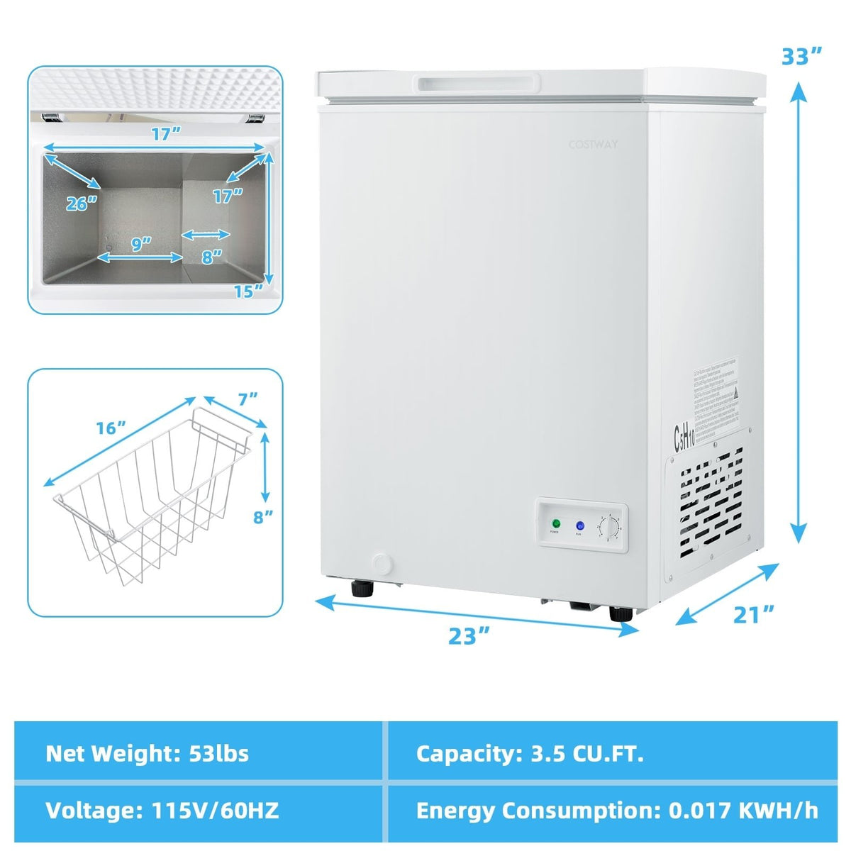3.5/5 Cu.ft Compact Chest Freezer with Removable Storage Basket-3.5 Cubic view 4