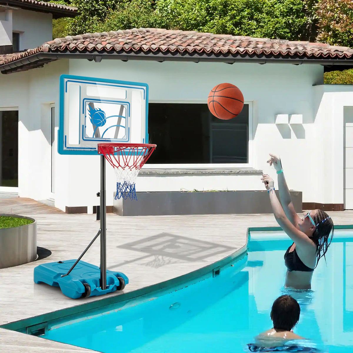 3.8-4.4 Feet Height Adjustable Pool Basketball Hoop for Kids Teens and Adults-Blue view 2