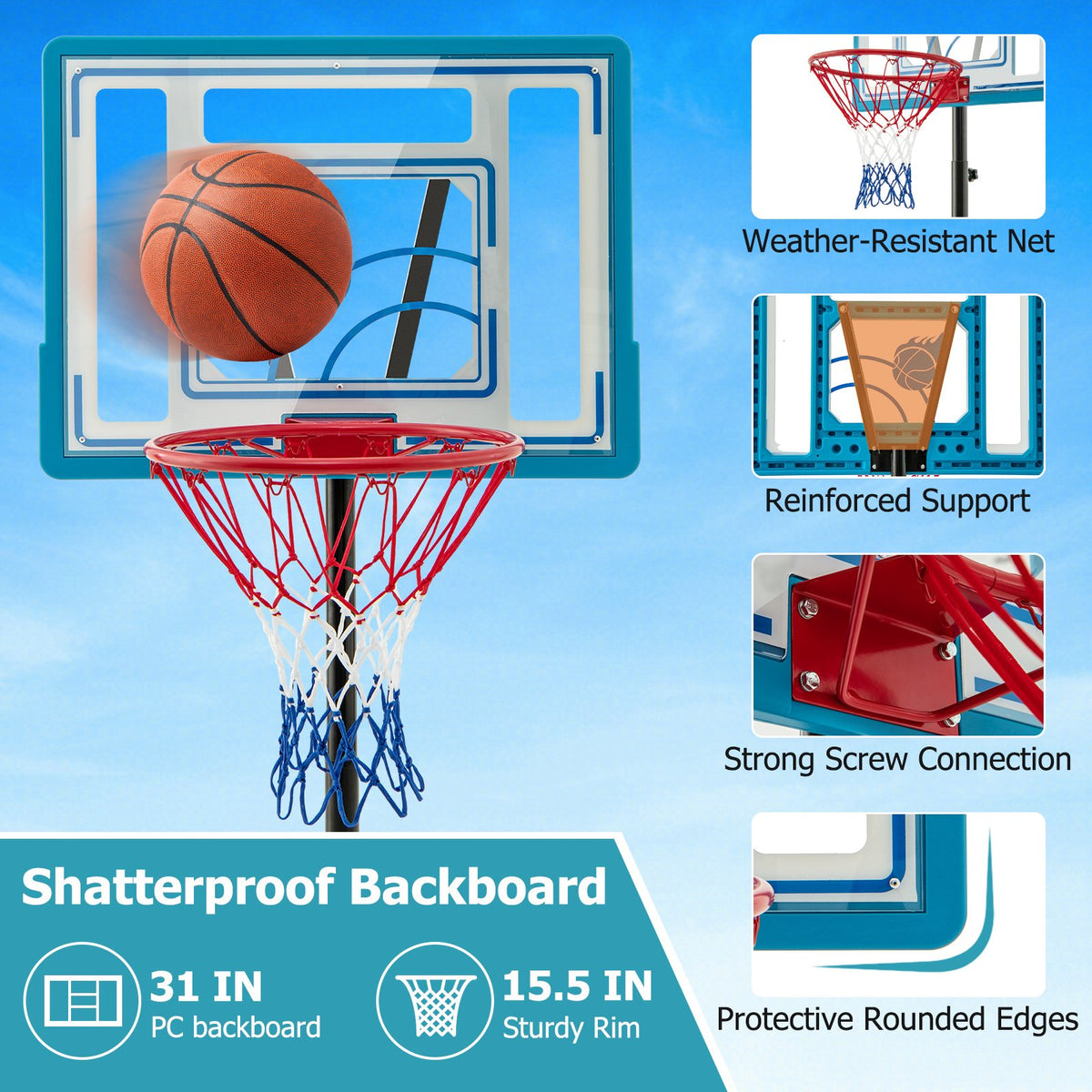 3.8-4.4 Feet Height Adjustable Pool Basketball Hoop for Kids Teens and Adults-Blue view 6