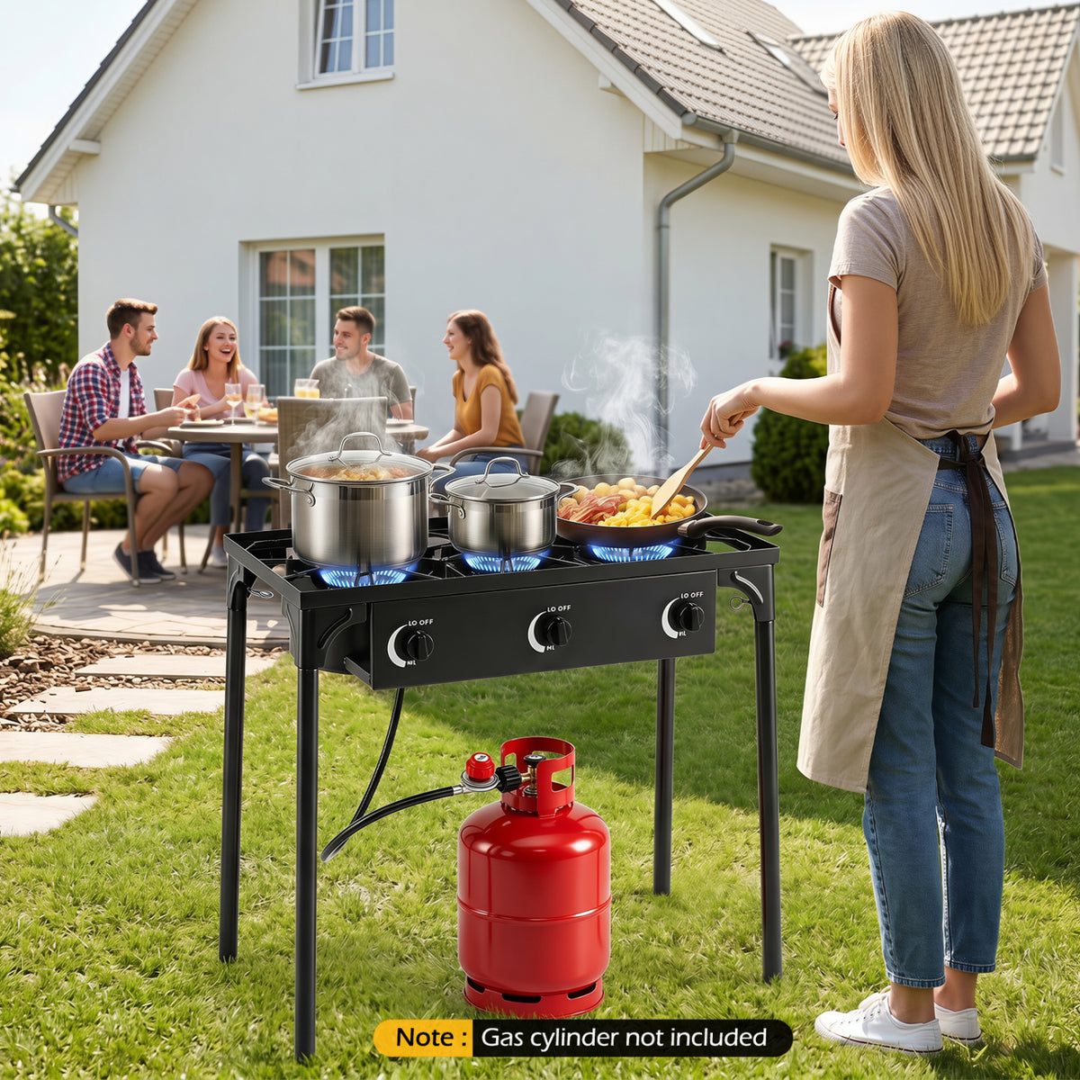 3 Burner Propane Stove 240000 BTU with Adjustable Regulator & Hose for Camping BBQ-Black view 3