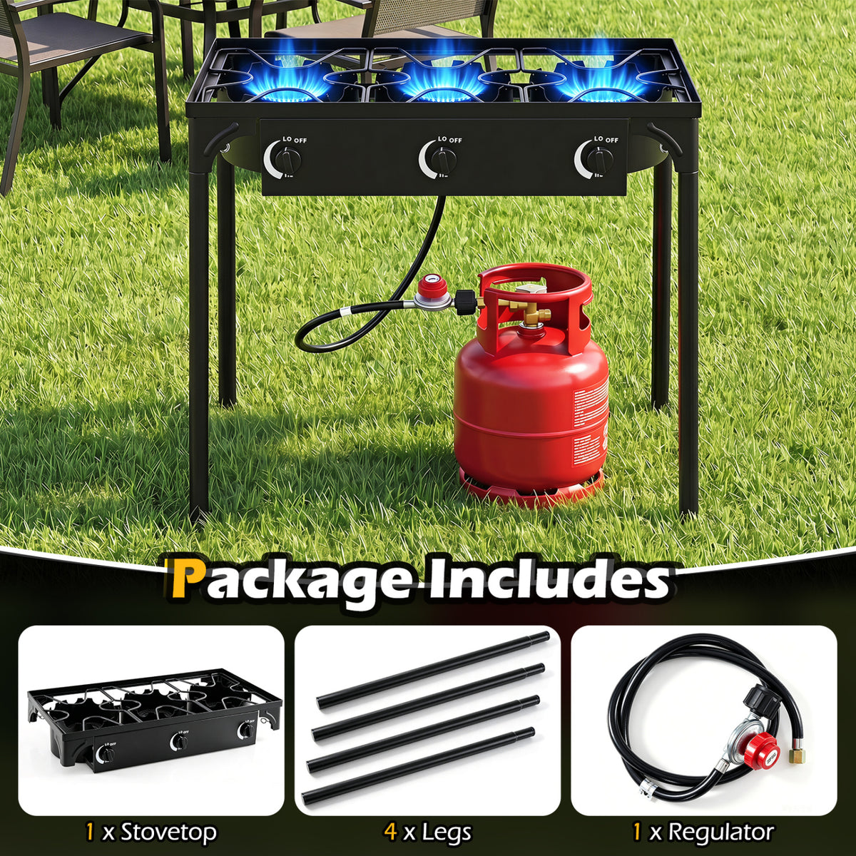 3 Burner Propane Stove 240000 BTU with Adjustable Regulator & Hose for Camping BBQ-Black view 7