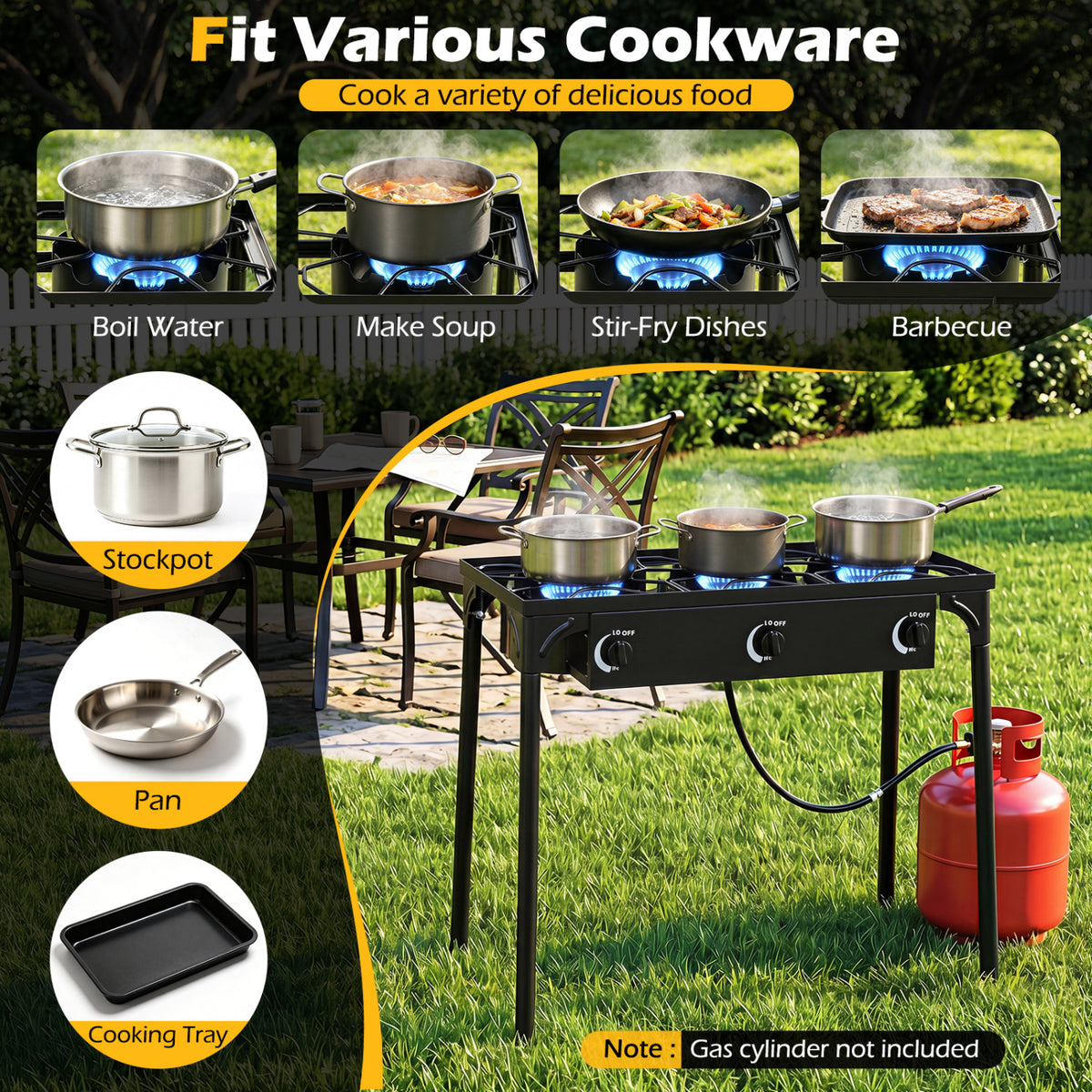 3 Burner Propane Stove 240000 BTU with Adjustable Regulator & Hose for Camping BBQ-Black view 8