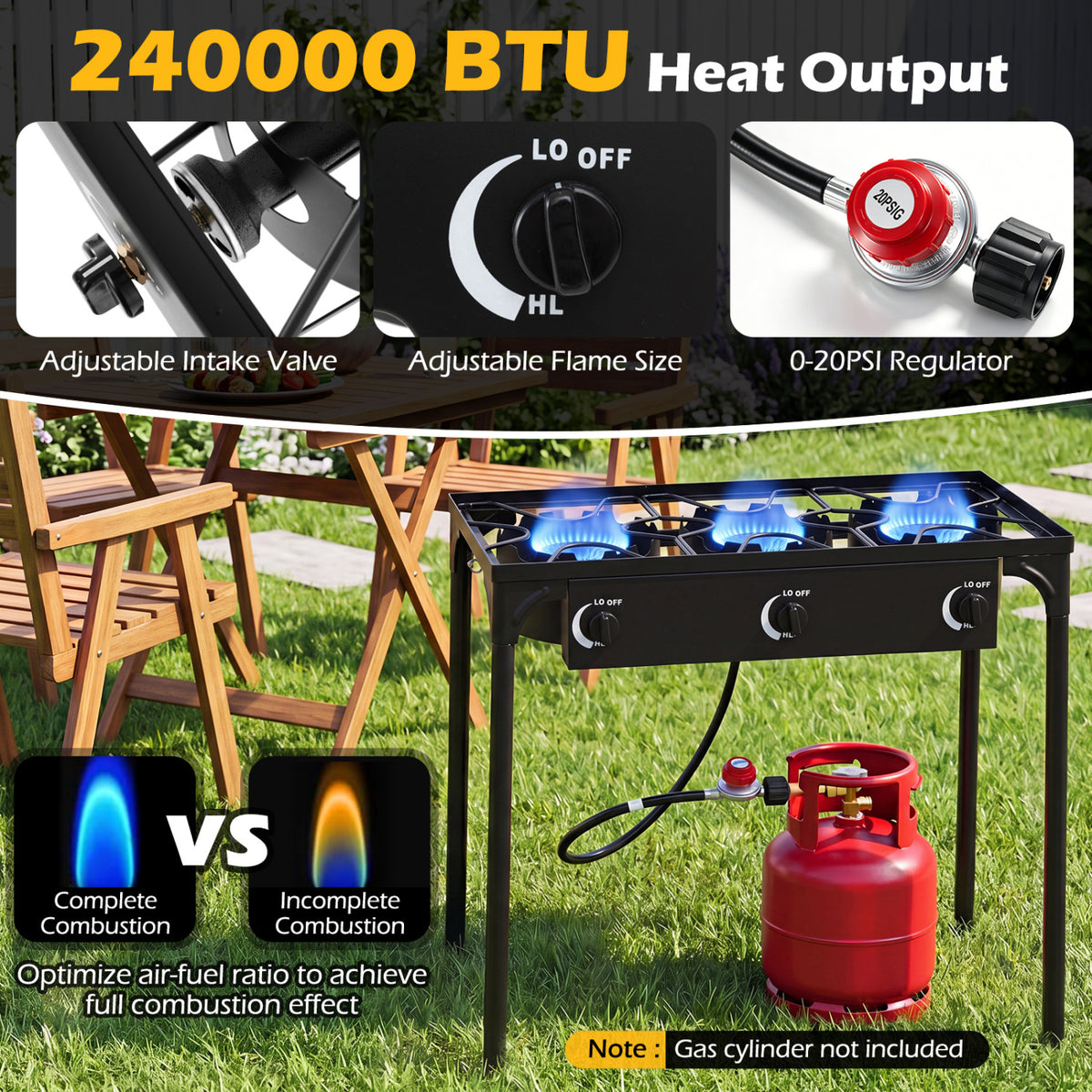 3 Burner Propane Stove 240000 BTU with Adjustable Regulator & Hose for Camping BBQ-Black view 9