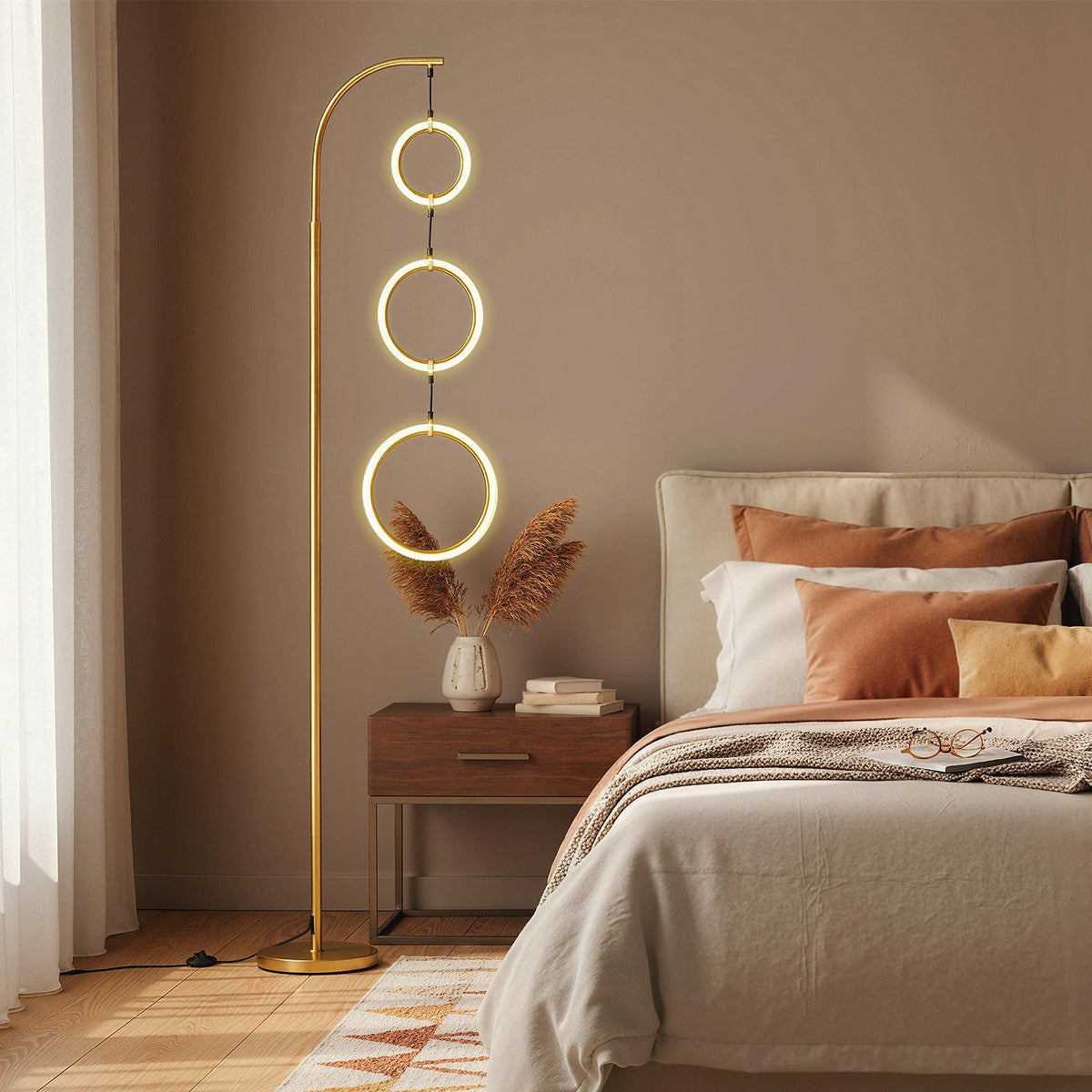 3-Circle Dimmable LED Floor Lamp with Foot Pedal Switch 3 Color Temperatures-Golden view 2