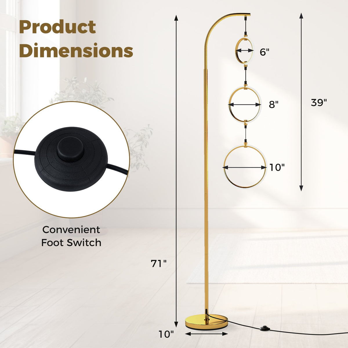 3-Circle Dimmable LED Floor Lamp with Foot Pedal Switch 3 Color Temperatures-Golden view 4