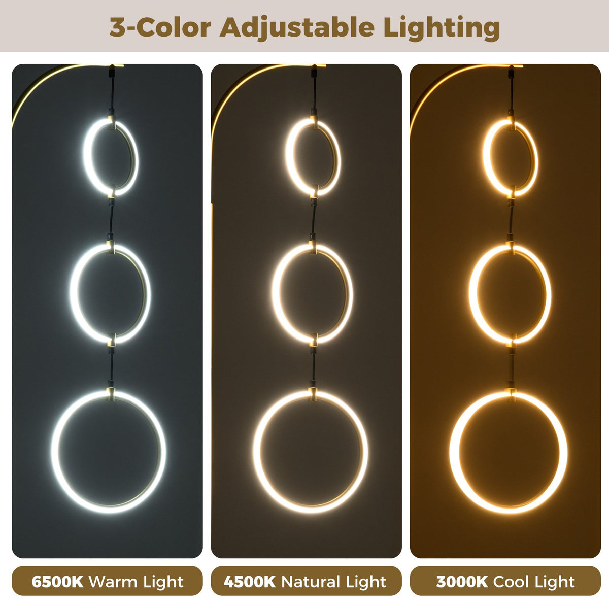 3-Circle Dimmable LED Floor Lamp with Foot Pedal Switch 3 Color Temperatures-Golden view 6