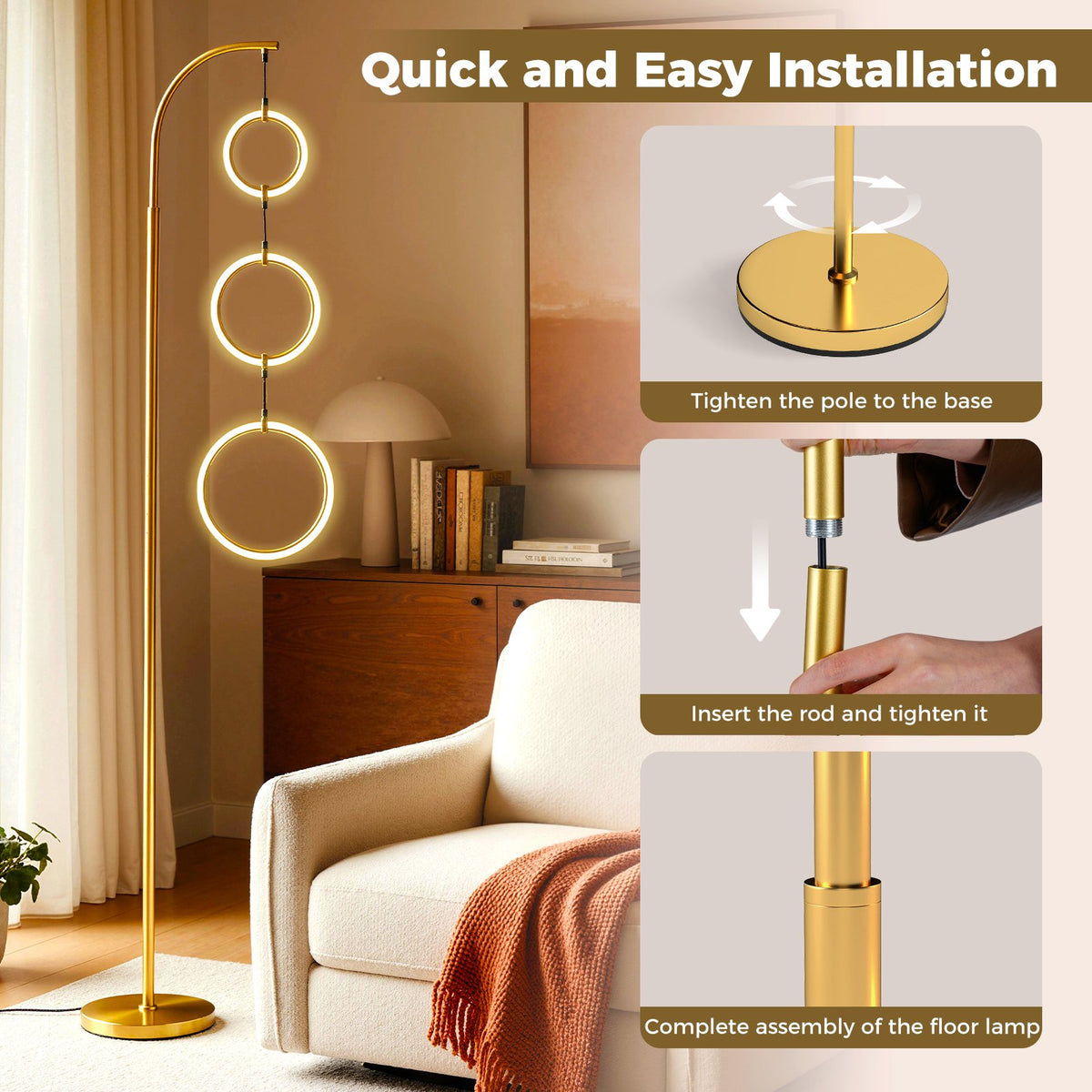 3-Circle Dimmable LED Floor Lamp with Foot Pedal Switch 3 Color Temperatures-Golden view 8