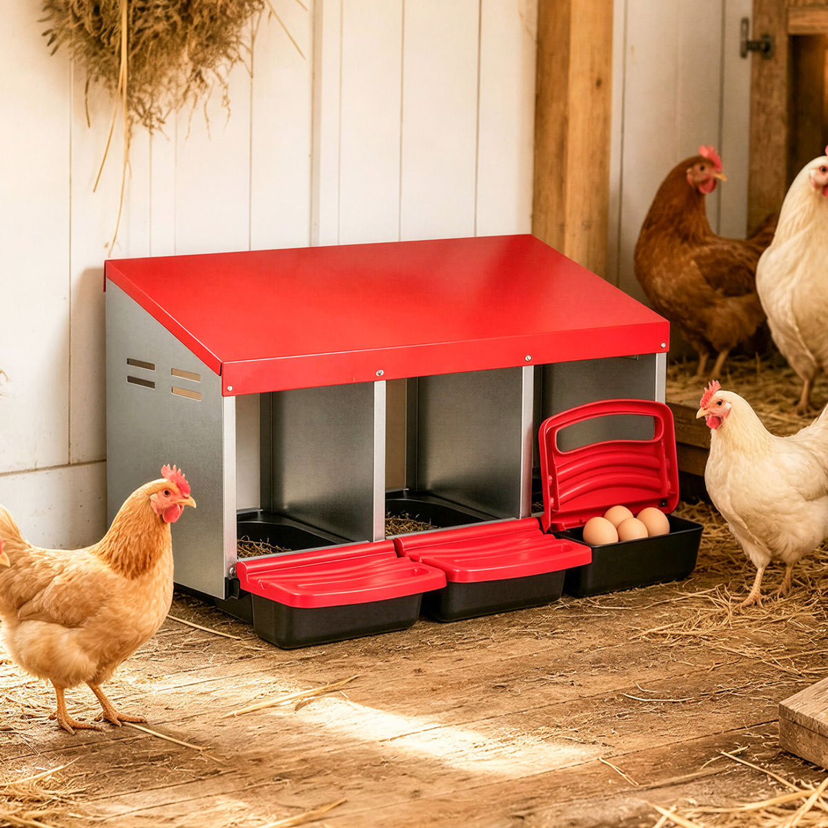 3-Compartment Roll Away Chicken Nesting Box for Egg Collection with Removable Trays and Landing Steps-Red view 2