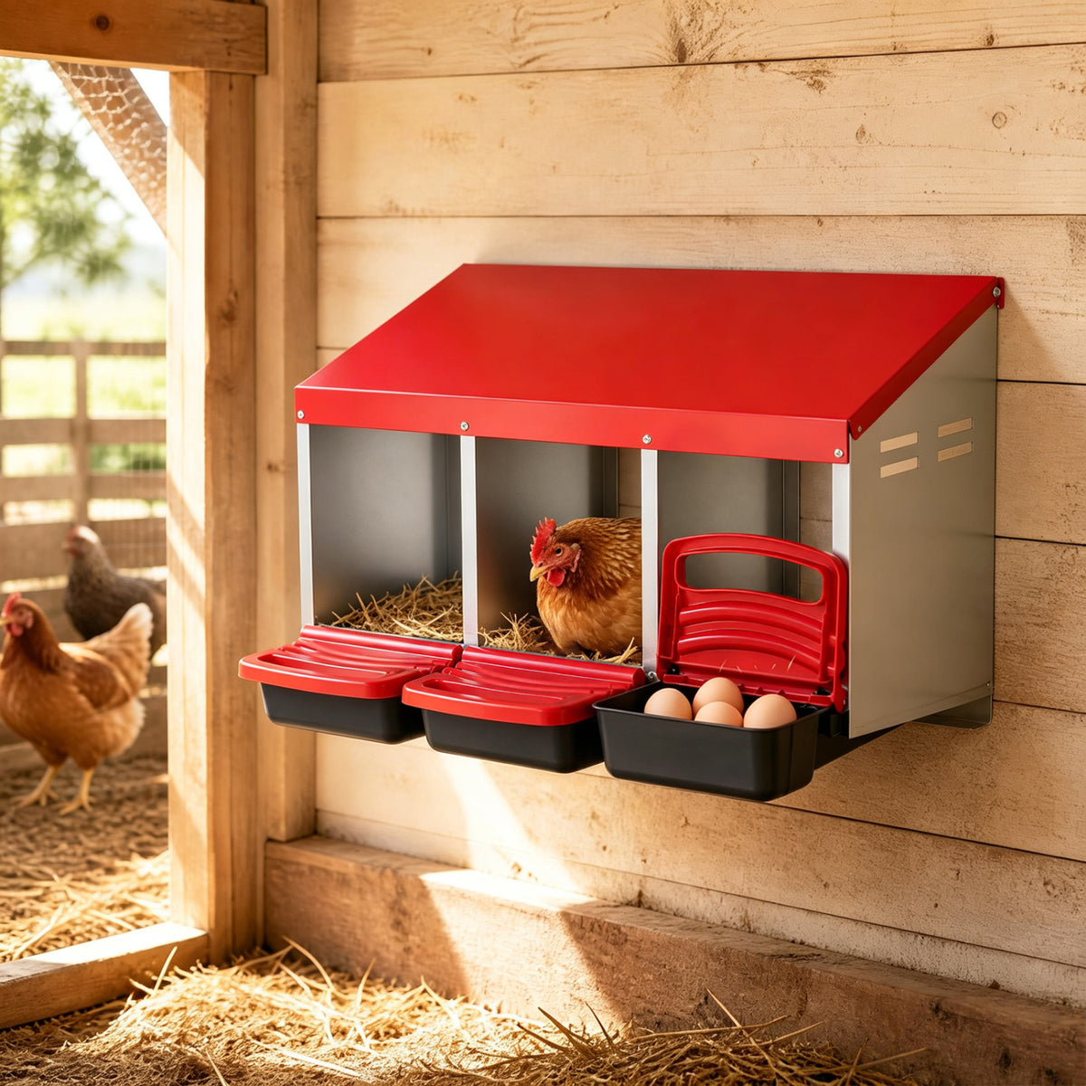 3-Compartment Roll Away Chicken Nesting Box for Egg Collection with Removable Trays and Landing Steps-Red view 3