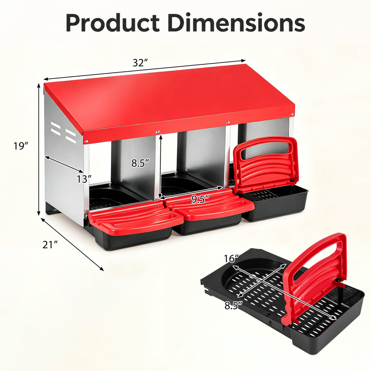 3-Compartment Roll Away Chicken Nesting Box for Egg Collection with Removable Trays and Landing Steps-Red view 5