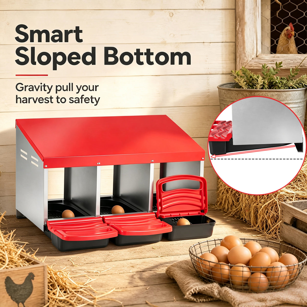 3-Compartment Roll Away Chicken Nesting Box for Egg Collection with Removable Trays and Landing Steps-Red view 6